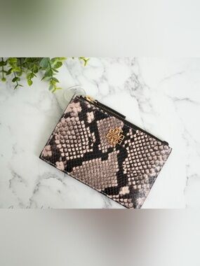 Tory Burch Snake-Print Wristlet in Black and Beige with Gold Logo